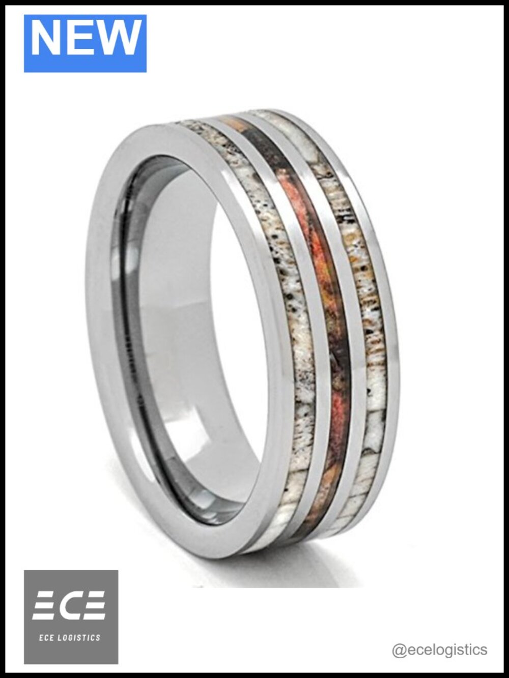 Mens Tungsten Deer Antler Camo Wood Inlay Wedding Band Ring